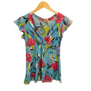 ⭐️ JOHNNY HEAVEN Blue Mesh Floral Blouse Y2K